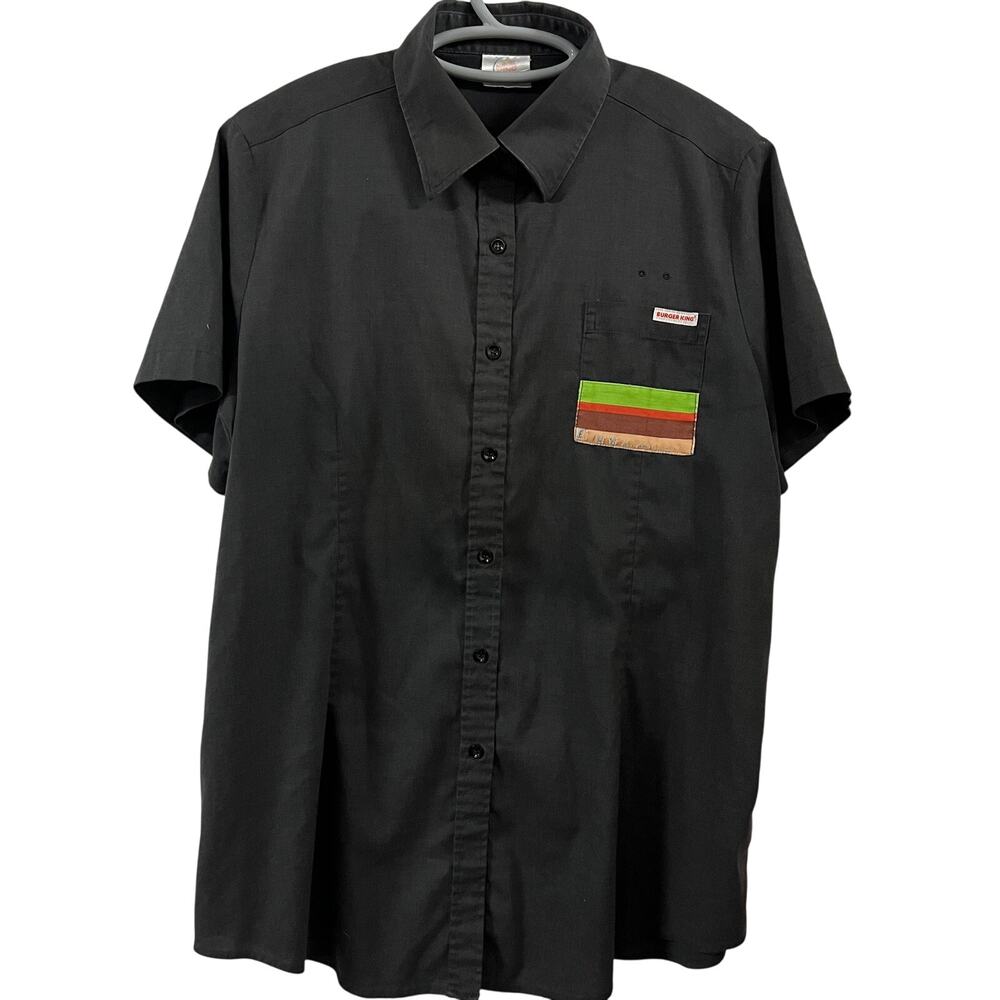 Vintage Burger King Employee Work Shirt Black Button Up‎ Pocket Short Sleeve